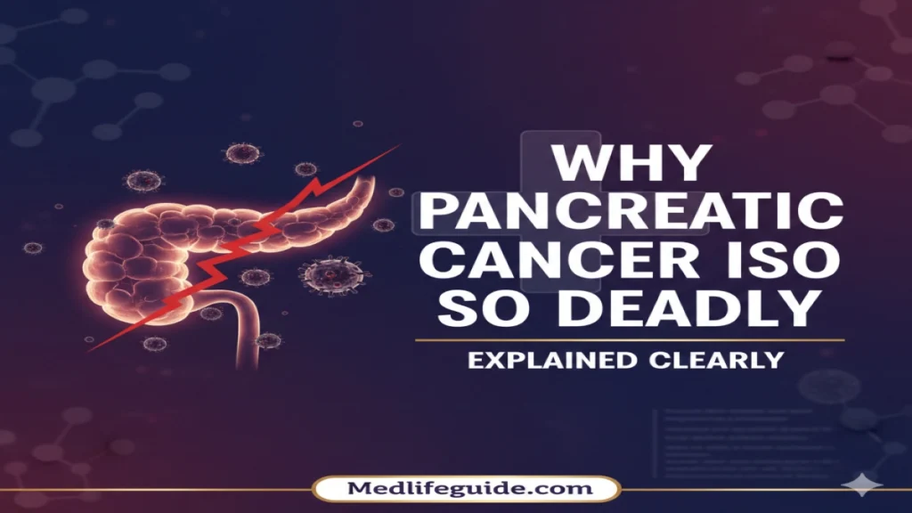 Visual explaining the deadliness of pancreatic cancer, created by MedLifeGuide, detailing its aggressive nature and late diagnosis.