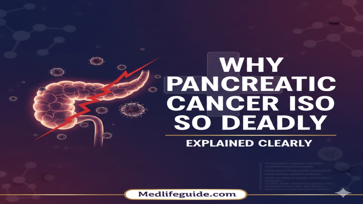 Visual explaining the deadliness of pancreatic cancer, created by MedLifeGuide, detailing its aggressive nature and late diagnosis.