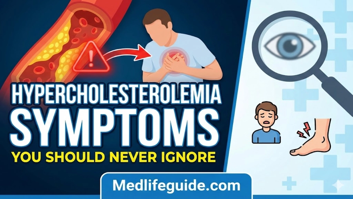 Infographic on hypercholesterolemia symptoms to watch for, created by MedLifeGuide.