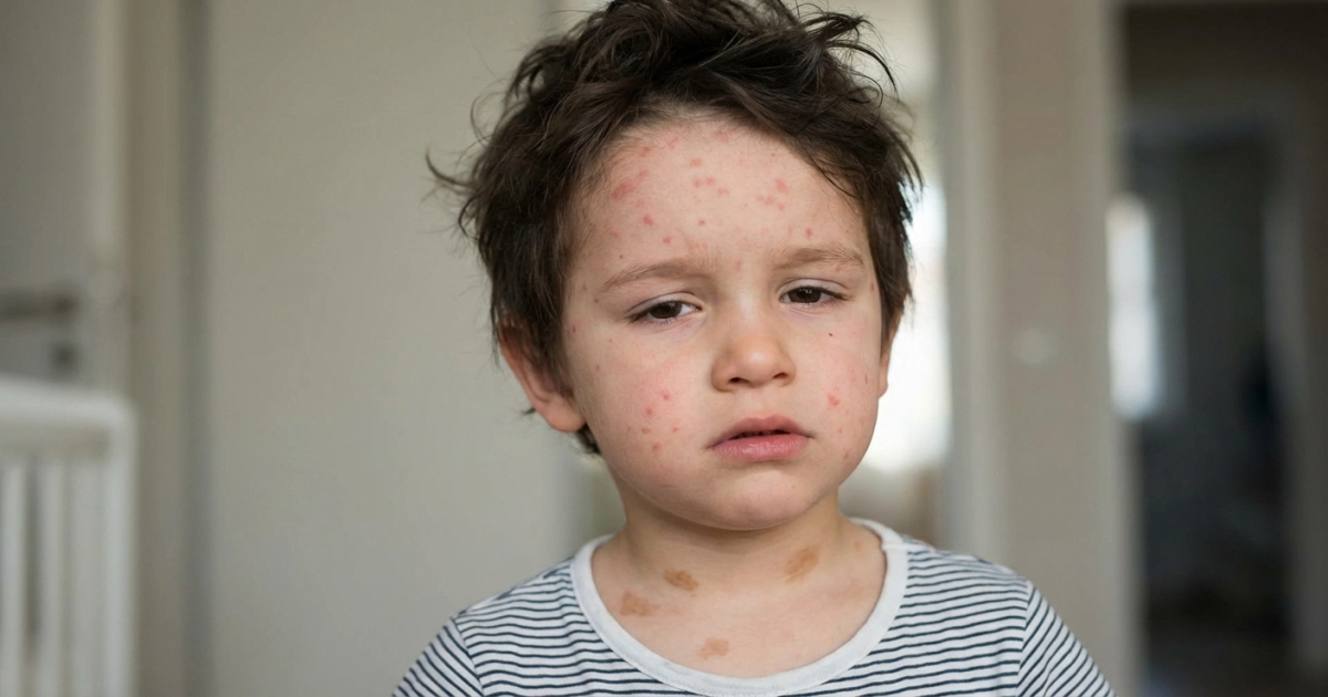A close-up of a child's face and upper body showing the classic flat red spots starting on the face/hairline and spreading downward (often brighter red on lighter skin, brownish on darker)