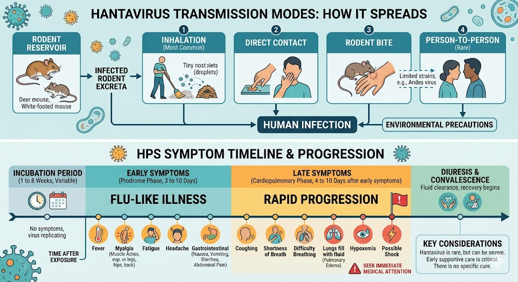 Infographic comparing hantavirus transmission modes.

Symptom timeline chart.