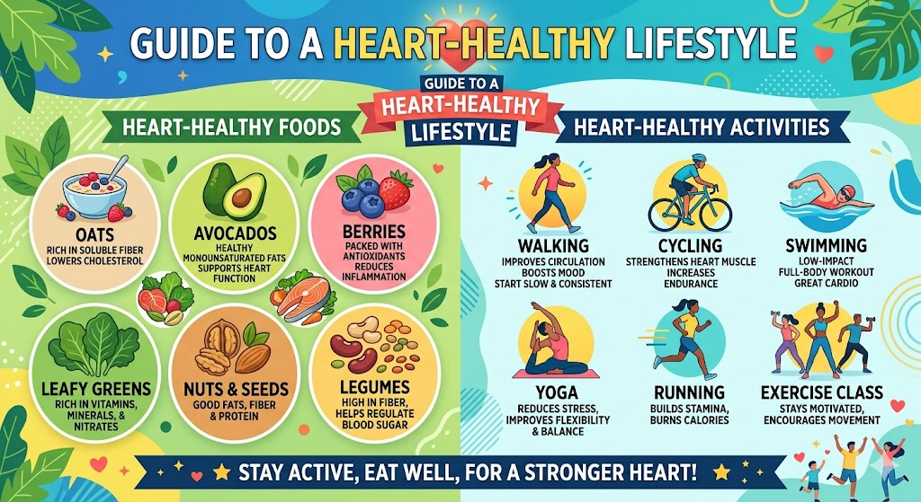 A vibrant infographic illustrating various heart-healthy foods (e.g., oats, avocados, berries, salmon) and activities (e.g., walking, cycling, swimming). Use a clean, modern design with clear icons and text. The overall mood should be positive and encouraging, emphasizing actionable steps.