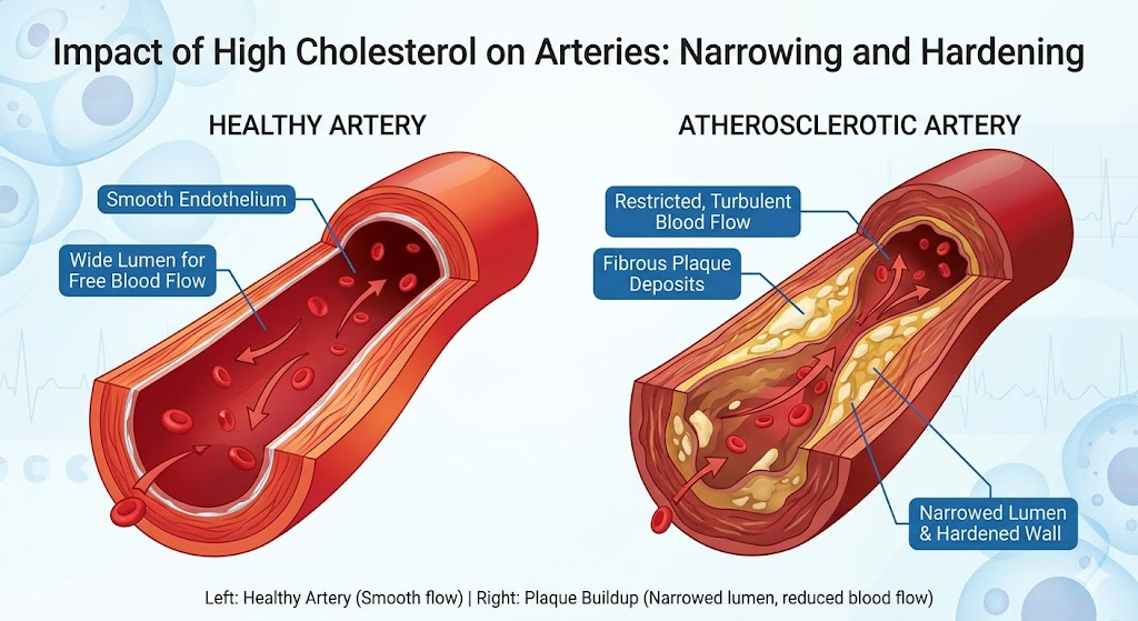 A stylized illustration showing a healthy artery next to an artery with significant plaque buildup, visually representing the narrowing and hardening caused by high cholesterol. Use a clean, medical illustration style with subtle color gradients to highlight the contrast. Focus on clarity and scientific accuracy.