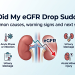 Kidney health illustration showing a downward eGFR trend and common causes of a sudden eGFR drop.