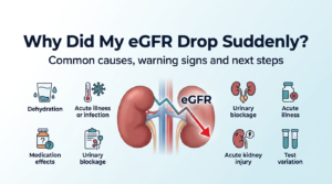 Kidney health illustration showing a downward eGFR trend and common causes of a sudden eGFR drop.