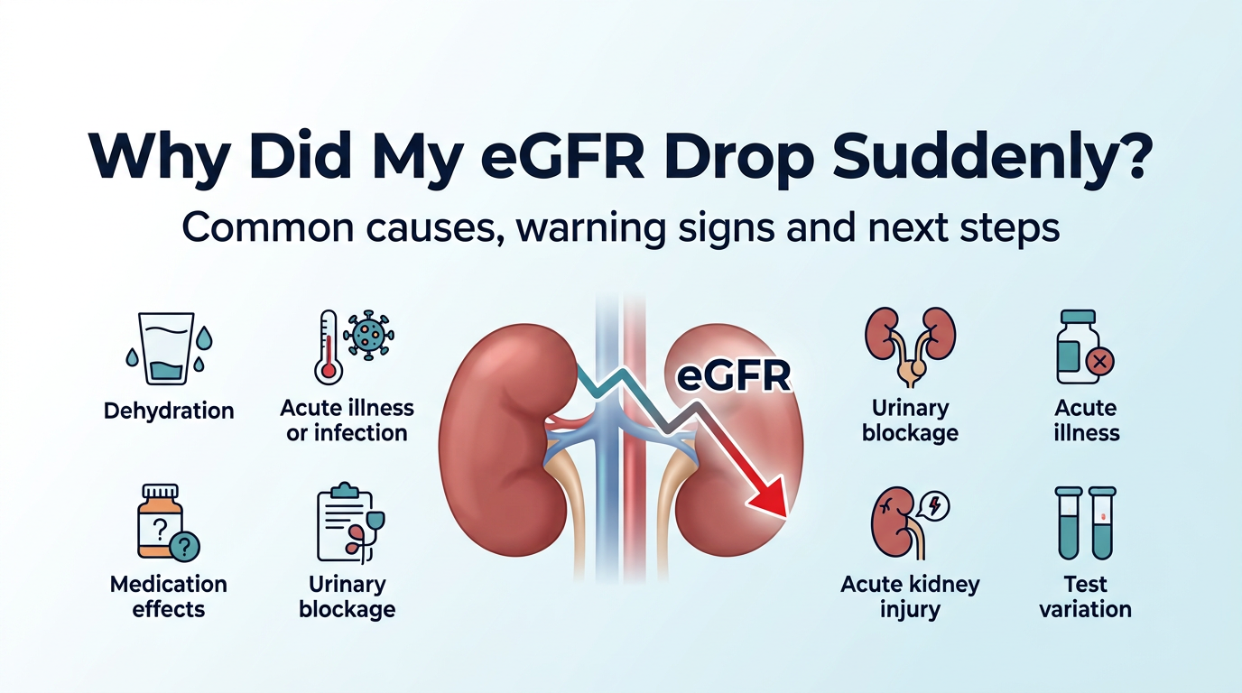 Kidney health illustration showing a downward eGFR trend and common causes of a sudden eGFR drop.
