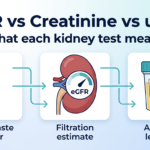 Comparison of serum creatinine, eGFR filtration estimate, and uACR urine albumin test for assessing kidney health.