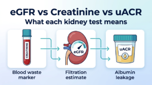 Comparison of serum creatinine, eGFR filtration estimate, and uACR urine albumin test for assessing kidney health.