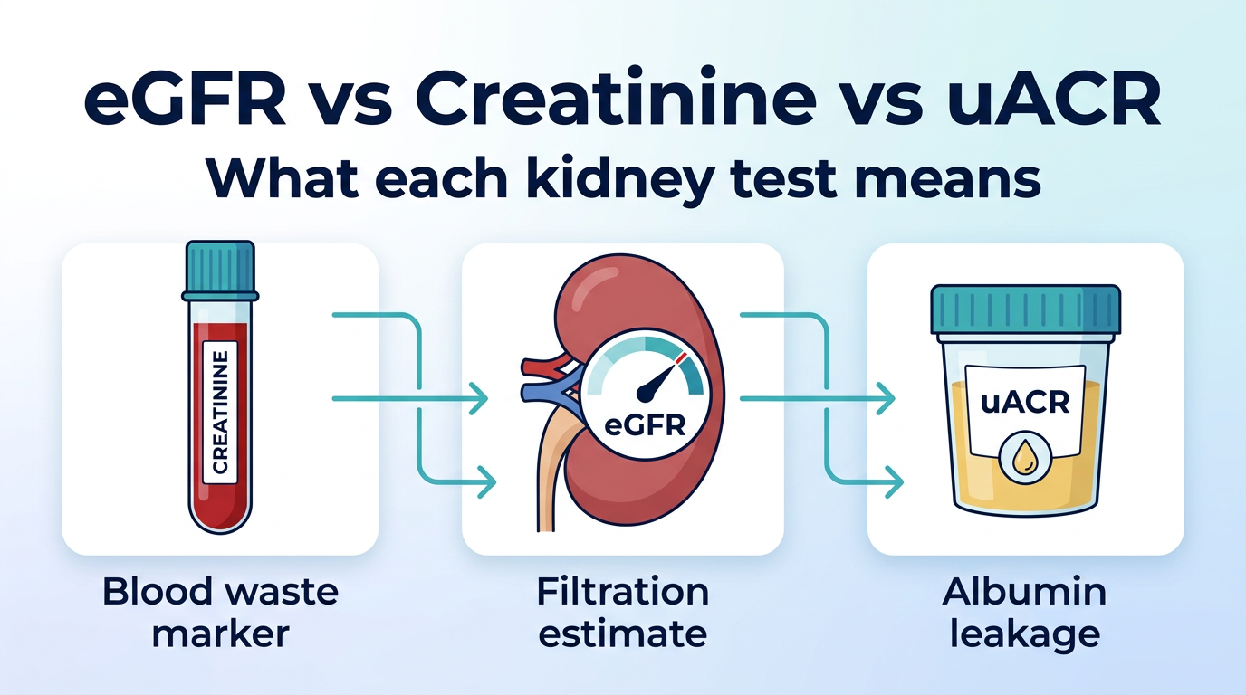 Comparison of serum creatinine, eGFR filtration estimate, and uACR urine albumin test for assessing kidney health.