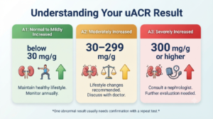 uACR result chart showing A1 below 30, A2 from 30 to 299, and A3 at 300 mg/g or higher.