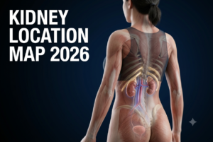Doctor-marked kidney location map showing left kidney higher at T12-L3, right kidney lower due to liver, with pain zones highlighted – 2026” Caption: “Exact kidney position: T12–L3 posterior, left 1.5–2 cm higher. – MedLifeGuide 2026