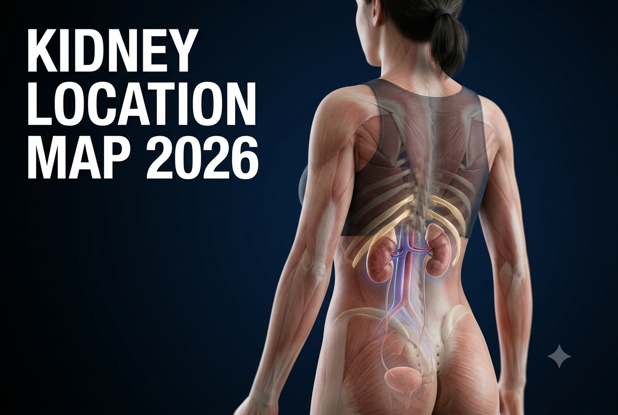 Doctor-marked kidney location map showing left kidney higher at T12-L3, right kidney lower due to liver, with pain zones highlighted – 2026” Caption: “Exact kidney position: T12–L3 posterior, left 1.5–2 cm higher. – MedLifeGuide 2026