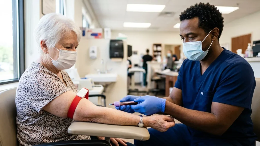 Clinician drawing blood to recheck kidney function after an eGFR drop after Jardiance.