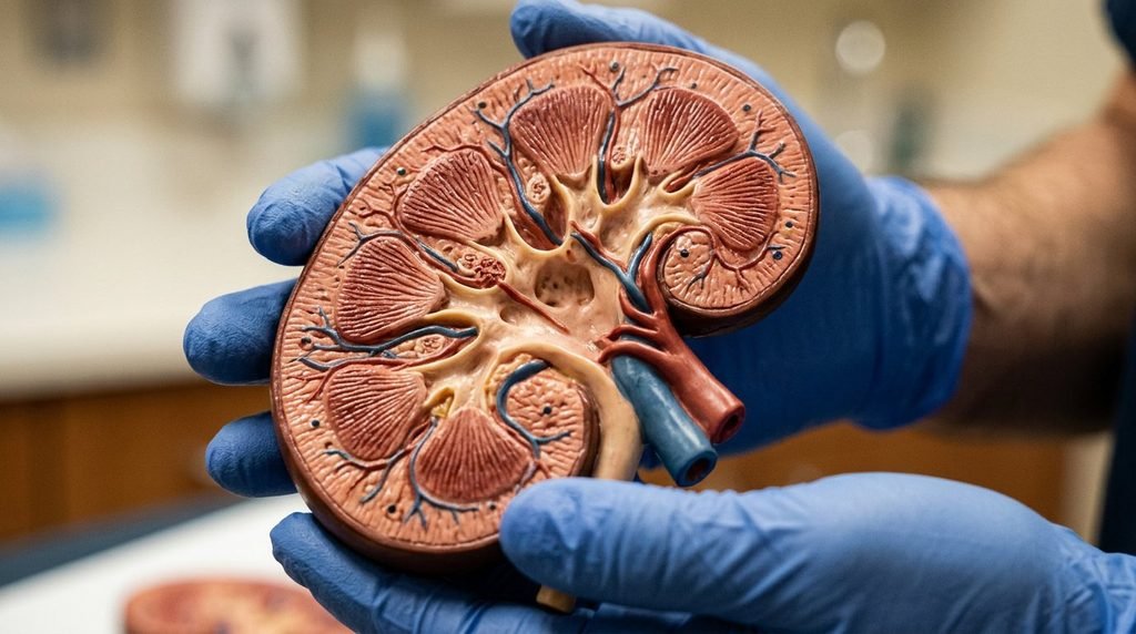 Kidney model showing the filters involved in an eGFR drop after Jardiance, held in a clinician's hands.