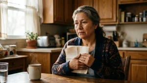 Patient reviewing a kidney lab report after an eGFR drop after Jardiance, sitting at a kitchen table in morning light.