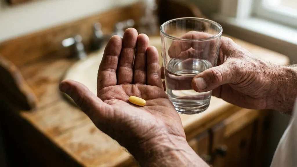 Daily tablet and glass of water after an expected eGFR drop after Jardiance, taken in morning light.